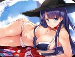  artist_name bikini blue_eyes breasts choker cleavage closed_mouth cross cross_necklace earrings eyebrows_visible_through_hair fate/grand_order fate_(series) frill_trim hand_on_hip hat isshiki_(ffmania7) jewelry large_breasts long_hair looking_at_viewer lying navel necklace on_side purple_bikini purple_hair saint_martha saint_martha_(swimsuit_ruler)_(fate) sidelocks smile solo sun_hat swimsuit twitter_username 