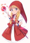  :o asa_(coco) bangs blonde_hair blue_eyes blunt_bangs blush bracelet braid commentary_request dragon_quest dragon_quest_xi dress hair_over_shoulder hat jewelry long_hair looking_at_viewer puffy_short_sleeves puffy_sleeves red_dress red_hat short_sleeves solo staff twin_braids v-shaped_eyebrows veronica_(dq11) 