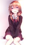  bangs between_legs blush brown_hair collared_shirt eyebrows_visible_through_hair hand_between_legs haruka_natsuki highres long_hair looking_at_viewer low_twintails open_mouth original purple_eyes purple_skirt school_uniform shadow shirt skirt solo sweater twintails v_arms 
