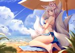  animal_ears azur_lane bangs barefoot beach bikini bird blue_bikini blue_eyes blurry breasts clouble commentary_request condensation_trail day depth_of_field eyebrows_visible_through_hair fox_ears fox_mask fox_tail from_side halter_top halterneck highleg highleg_bikini highres kaga_(azur_lane) kyuubi light_smile looking_at_viewer looking_back mask mask_on_head medium_breasts multiple_tails ocean outdoors parted_lips sarong short_hair sideboob sitting solo swimsuit tail towel umbrella white_hair yokozuwari 