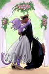  2017 andrew_reynart anthro bride brown_fur canine clothed clothing cute dark_fur day detailed_background digital_media_(artwork) dress duo eeveelution espeon eyes_closed female flower fox fur groom hair kissing latchkey_kingdom male male/female mammal nintendo p5ych pink_fur plant pok&eacute;mon sereina smile standing suit video_games wedding wedding_dress 