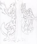  2014 against_tree anthro breasts brother canine chest_tuft dalthia dalthios duo ear_piercing female fist fox greyscale looking_at_viewer magic male mammal monochrome multi_tail nude outside piercing ponytail sibling sister sitting smile standing tattoo tierafoxglove tree tuft 