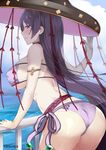  ass back bikini blush breasts commentary_request covered_nipples day eyepatch_bikini fate/grand_order fate_(series) from_behind hand_up hat kaetzchen large_breasts long_hair looking_at_viewer minamoto_no_raikou_(fate/grand_order) minamoto_no_raikou_(swimsuit_lancer)_(fate) ocean outdoors profile purple_bikini purple_eyes purple_hair railing side-tie_bikini sideboob sidelocks smile swimsuit very_long_hair 