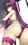  ass bare_shoulders bikini blush breasts closed_mouth commentary_request eyebrows_visible_through_hair fate/grand_order fate_(series) flower from_behind hair_between_eyes hair_flower hair_ornament large_breasts long_hair looking_at_viewer looking_back muunyan_(yumenekoya) purple_bikini purple_hair red_eyes scathach_(fate)_(all) scathach_(swimsuit_assassin)_(fate) shiny shiny_hair shower_(place) showering smile solo swimsuit thigh_strap water wet 