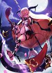  barefoot blonde_hair cloud cuffs full_moon highres horns kama_(weapon) long_hair looking_at_viewer moon namako_(namacotan) navel night pixiv_fantasia pixiv_fantasia_revenge_of_the_darkness red_eyes scythe shackles sickle solo thigh_strap 
