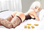  :t ass bad_id bad_pixiv_id bangs bare_shoulders bed bed_sheet black_legwear blush bottomless breasts camisole closed_mouth commentary curtains damao_yu eyebrows_visible_through_hair fate/grand_order fate_(series) highres indoors jeanne_d'arc_(alter)_(fate) jeanne_d'arc_(fate)_(all) lace lace_legwear looking_at_viewer looking_back lying medium_breasts on_bed on_stomach photo-referenced pillow pillow_hug revision see-through sheer_legwear short_hair solo strap_slip thighhighs thighs transparent white_hair yellow_eyes 