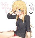  :d arm_up bare_legs barefoot black_shirt blonde_hair blue_eyes blush breasts dated folded_leg hair_between_eyes happy_birthday impossible_clothes impossible_shirt long_hair looking_at_viewer medium_breasts mikazuchi_zeus new_game! no_pants open_mouth panties red_panties shirt simple_background smile solo speech_bubble taut_clothes taut_shirt underwear white_background yagami_kou 