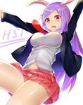  animal_ears ashu blush breasts bunny_ears cookie_(touhou) eyebrows_visible_through_hair highres hisui_(cookie) large_breasts long_hair long_sleeves looking_at_viewer navel necktie open_mouth purple_eyes purple_hair red_neckwear red_skirt reisen_udongein_inaba skirt solo teeth thighs touhou 