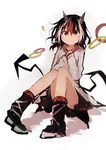  absurdres bare_legs black_footwear black_hair black_skirt boots full_body hair_between_eyes highres horns kaamin_(mariarose753) kijin_seija looking_at_viewer multicolored_hair red_eyes red_hair simple_background sitting skirt solo streaked_hair sweater touhou white_background white_hair 