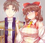  1girl apron ashu blue_eyes bow breasts brown_hair closed_mouth cookie_(touhou) eyebrows_visible_through_hair hair_bow hair_tubes hakurei_reimu heshikiri_hasebe large_breasts looking_at_another looking_away mole mole_under_mouth parted_lips purple_eyes red_bow rurima_(cookie) saliva touhou touken_ranbu translation_request triangle_mouth 