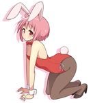  ahoge all_fours animal_ears bad_id bad_twitter_id bangs bare_shoulders black_footwear bow bowtie breasts brown_legwear bunny_day bunny_ears bunny_girl bunny_tail bunnysuit closed_mouth commentary_request detached_collar eyebrows_visible_through_hair full_body high_heels leotard looking_at_viewer mel_(melty_pot) nonohara_yuzuko pantyhose pink_eyes pink_hair red_bow red_leotard red_neckwear shoes short_hair silhouette simple_background small_breasts solo strapless strapless_leotard tail white_background white_collar wrist_cuffs yuyushiki 