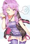 ashu blush breasts cleavage closed_mouth collarbone eyebrows_visible_through_hair headset heart large_breasts long_hair looking_at_viewer one_eye_closed pink_eyes purple_hair purple_legwear smile solo speech_bubble spoken_heart thighhighs vocaloid voiceroid yuzuki_yukari 