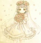  arare_(kantai_collection) blush bouquet bridal_veil chiio_(chi_i_15sab00) commentary cowboy_shot dress flower grey_eyes grey_hair head_wreath kantai_collection light_smile looking_at_viewer solo veil wedding_dress 