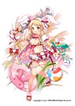  :d ahoge animal_hood bag ball bare_legs beachball bikini_top blonde_hair bow braid brown_eyes bunny_hair_ornament bunny_hood carrot_hair_ornament flower_knight_girl food_themed_hair_ornament full_body green_bow hair_ornament hair_over_shoulder holding holding_sword holding_weapon hood hoodie innertube jacket kurot long_hair looking_at_viewer miniskirt official_art open_mouth red_bow sandals skirt smile solo spikes susuki_(flower_knight_girl) sword twin_braids weapon white_jacket white_skirt 