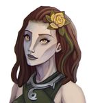  artist_name bare_shoulders brown_hair flower green_hair grey_skin hair_flower hair_ornament hairlocs inara_(paladins) jewelry lailyu leaf long_hair multicolored_hair necklace orange_eyes paladins portrait simple_background solo teeth two-tone_hair white_background 