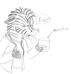  2011 alcohol anthro beverage biped black_and_white clothed clothing disgusted ears_down english_text equine eyes_closed fur half-length_portrait holding_glass holding_object jacket male mammal mane monochrome moonshine open_mouth pencil_(artwork) portrait shirt sketch snout solo speech_bubble standing striped_fur stripes stripes_(character) text tongue tongue_out traditional_media_(artwork) wallaby_(artist) zebra 