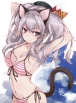  animal_ears arms_behind_head arms_up bangs beret bikini black_eyes breasts cat_ears cat_tail character_name cleavage collarbone eyebrows_visible_through_hair fake_animal_ears front-tie_bikini front-tie_top groin hat kantai_collection kashima_(kantai_collection) long_hair looking_at_viewer medium_breasts navel side-tie_bikini sidelocks smile solo striped striped_bikini swimsuit tail twintails upper_body yumesato_makura 