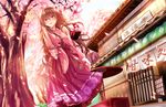  brown_hair cherry_blossoms flower hair_flower hair_ornament haruka_natsuki japanese_clothes kimono kimono_skirt long_hair open_mouth original red_eyes smile solo umbrella 