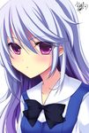  black_bow black_neckwear bow bowtie collarbone eyebrows_visible_through_hair grisaia_(series) grisaia_no_kajitsu hair_bow highres kazami_kazuki long_hair looking_at_viewer purple_eyes signature silver_hair simple_background solo tamaki_rina upper_body white_background 