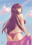  artist_name ass ayu_(p1314_win) bare_shoulders bikini blush breasts eyebrows_visible_through_hair fate_(series) highres large_breasts long_hair looking_at_viewer parted_lips pink_bikini purple_eyes purple_hair scathach_(fate)_(all) scathach_(swimsuit_assassin)_(fate) side-tie_bikini signature smile solo swimsuit 