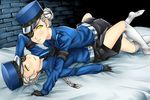  armband belt black_gloves black_shorts blue_shirt braid caroline_(persona_5) clothes_writing double_bun eyepatch girl_on_top gloves hair_bun hat highres justine_(persona_5) long_hair looking_at_viewer lying multiple_girls necktie on_back parted_lips peaked_cap persona persona_5 sereneandsilent shirt short_hair shorts siblings sisters twins uniform yellow_eyes 