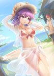  1girl abs arms_up bangs beach bikini breasts brown_bikini brown_eyes commentary covered_nipples cup day dutch_angle emiya_shirou eyebrows_visible_through_hair fate/stay_night fate_(series) front-tie_bikini front-tie_top hair_between_eyes hat highres holding holding_cup hood hoodie long_hair matou_sakura medium_breasts navel ocean open_clothes open_hoodie outdoors palm_tree parted_lips purple_hair red_hair sarong sayika see-through sidelocks solo_focus standing straw_hat sun_hat swimsuit thighs tree umbrella 