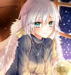  anastasia_(idolmaster) black_sweater bow breasts chin_rest christmas_tree cross cross_necklace earrings eyebrows_visible_through_hair green_eyes hair_bow idolmaster idolmaster_cinderella_girls indoors jewelry looking_at_viewer medium_breasts necklace raimu_(yuzu-raimu) short_hair silver_hair smile snow snowing solo sweater upper_body window 