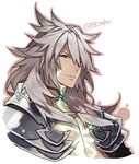  88_taho armor dark_skin dark_skinned_male fate/apocrypha fate_(series) green_eyes long_hair looking_at_viewer male_focus siegfried_(fate) simple_background solo white_hair 