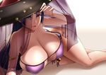  absurdres breasts cleavage eyepatch_bikini f.w.zholic fate/grand_order fate_(series) hat highres huge_breasts long_hair looking_at_viewer lying md5_mismatch minamoto_no_raikou_(fate/grand_order) minamoto_no_raikou_(swimsuit_lancer)_(fate) on_side parted_lips purple_hair solo swimsuit thighs very_long_hair 