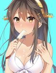  bikini black_hair blue_background blush breasts brown_eyes cleavage collarbone eating food food_in_mouth hair_between_eyes hairband haruna_(kantai_collection) headgear kantai_collection large_breasts long_hair popsicle remodel_(kantai_collection) simple_background solo swimsuit white_bikini yuzuttan 