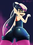  +_+ 1girl aori_(splatoon) artist_name ass bare_shoulders black_hair blue_background cat_pose choker domino_mask earring fangs food food_on_head from_behind from_below gloves gradient gradient_background hand_up jewelry legs_apart long_hair looking_back looking_down mole mole_under_eye object_on_head one_eye_closed open_mouth pantyhose pointy_ears purple_background purple_legwear red_benjamin short_jumpsuit signature simple_background smile solo splatoon standing sushi teeth tentacle tentacle_hair text white_gloves wink yellow_eyes 