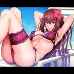  arms_behind_head ass beach beach_chair bikini blush breasts day fate/grand_order fate_(series) flower hair_flower hair_ornament knees_up large_breasts letterboxed long_hair looking_at_viewer lying purple_bikini purple_hair red_eyes scathach_(fate)_(all) scathach_(swimsuit_assassin)_(fate) shoukaki_(earthean) skindentation smile solo swimsuit thigh_strap underbust water 