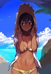  absurdres beach bikini black_hair blue_eyes blue_sky blush breasts cleavage closed_mouth cloud cloudy_sky copyright_request dark_skin day hair_between_eyes hat hat_tug highres hood hood_down hooded_jacket hoodie jacket konbu_wakame looking_away medium_breasts navel open_clothes open_hoodie open_jacket outdoors short_hair sky solo straw_hat striped striped_bikini sun_hat sweat swimsuit yellow_bikini 