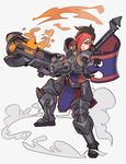  absurdres armor armored_boots ash_(paladins) black_hair boots brown_eyes fire flag gloves gun hair_over_one_eye highres multicolored_hair paladins red_hair short_hair simple_background solo splashbrush two-tone_hair weapon white_background 