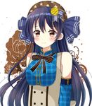  black_eyes black_ribbon blue_hair blue_ribbon blush candy_wrapper detached_sleeves eyebrows_visible_through_hair hair_between_eyes hair_ornament hair_ribbon highres long_hair looking_at_viewer love_live! love_live!_school_idol_festival love_live!_school_idol_project neck_ribbon ribbon ryoutan simple_background smile solo sonoda_umi striped striped_ribbon underbust upper_body very_long_hair white_background 