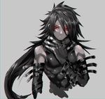  &gt;:( abs bare_shoulders black_gloves camouflage_scarf commentary deluxe&lt;&lt;&lt; elbow_gloves frown gloves grey_background leg_belt long_hair male_focus original pointy_hair red_eyes scarf simple_background sketch solo spot_color upper_body v-shaped_eyebrows very_long_hair 