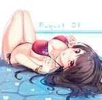  bangs bikini black_hair blush bracelet breasts cleavage commentary_request dated hands_up haruka_natsuki jewelry knees_up large_breasts legs_together long_hair looking_at_viewer looking_back lying navel on_back original parted_lips purple_eyes red_bikini solo swimsuit thighs water_surface 