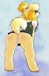  2013 absurd_res animal_crossing anthro blonde_hair blush breasts butt camel_toe canine clothing dimwitdog dog eyelashes female fur hair hi_res in_heat isabelle_(animal_crossing) looking_at_viewer looking_back mammal nintendo nipples panties presenting pussy_juice rear_view shih_tzu solo standing tongue tongue_out underwear video_games yellow_fur 