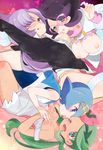  big_hair blue_eyes blue_hair blue_sailor_collar blush breasts breasts_outside chorimokki cover cover_page dark_skin doujin_cover flower glasses green_eyes green_hair hair_flower hair_ornament hairband large_breasts lila_(pokemon) long_hair mao_(pokemon) multiple_girls nipples one-piece_swimsuit open_mouth pink-framed_eyewear pokemon pokemon_(game) pokemon_sm purple_eyes purple_hair ribbed_sweater sailor_collar short_hair small_breasts suiren_(pokemon) sweater swimsuit swimsuit_under_clothes trial_captain turtleneck turtleneck_sweater twintails wicke_(pokemon) yuri 