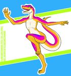  2017 anthro athletic browniecomicwriter female flat_chested full-length_portrait green_eyes green_tongue neon nude orange_scales pink_scales portrait pose purple_scales raised_leg reptile scales scalie signature simple_background smile snake solo white_scales 