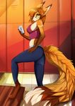  5_fingers anthro barefoot black_nose breasts canine clothed clothing digitigrade dipstick_tail eyebrows eyelashes female fluffy fluffy_tail fox green_eyes hair hand_on_thigh holding_object lycangel mammal midriff multicolored_tail pants side_boob smile solo 