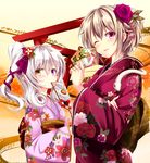  ;) bangs blonde_hair blush chinese_zodiac closed_mouth ema eyebrows_visible_through_hair floral_print flower hagoita hair_between_eyes hair_flower hair_ornament hand_up hands_up haruka_natsuki heterochromia holding japanese_clothes kimono long_hair looking_at_viewer obi one_eye_closed one_side_up original paddle parted_lips pink_kimono purple_eyes purple_flower purple_kimono purple_rose rose sash sidelocks silver_hair smile snake solo torii upper_body year_of_the_snake yellow_eyes 