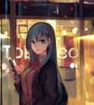  :p aika_warazu aqua_eyes aqua_hair asymmetrical_bangs backlighting backpack bag bangs blazer blurry blurry_background blush bow bowtie breasts brown_jacket cellphone commentary hair_ornament hairclip highres jacket kantai_collection long_hair long_sleeves looking_at_viewer medium_breasts night open_clothes open_jacket outdoors parted_lips phone red_bow red_neckwear remodel_(kantai_collection) school_uniform solo storefront straight_hair suzuya_(kantai_collection) tongue tongue_out tsurime 