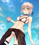  ahoge artoria_pendragon_(all) ass_visible_through_thighs bikini blonde_hair blush braid breasts choker cleavage embarrassed fate/grand_order fate_(series) french_braid glasses groin hips lens_flare medium_breasts mizoredama mysterious_heroine_x_(alter) navel shaved_ice sideboob solo swimsuit thighhighs yellow_eyes 