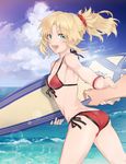  ass bikini blonde_hair cloud cowboy_shot day dragging fate/apocrypha fate/grand_order fate_(series) front-tie_top green_eyes hair_ornament hair_scrunchie highres horizon long_hair mordred_(fate)_(all) mordred_(swimsuit_rider)_(fate) ocean okchoko out_of_frame outdoors ponytail pov pov_hands prydwen red_bikini red_scrunchie scrunchie side-tie_bikini sky solo_focus surfboard swimsuit water 