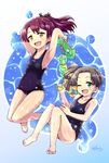  ayanami_(kantai_collection) barefoot brown_hair flat_chest green_eyes kantai_collection long_hair multiple_girls one-piece_swimsuit one_eye_closed open_mouth ponytail school_swimsuit shikinami_(kantai_collection) shochuumimai side_ponytail signature swimsuit toda_kazuki water_gun yellow_eyes 