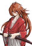  &gt;:( absurdres closed_mouth commentary_request cross_scar deluxe&lt;&lt;&lt; facial_scar frown hakama haori highres himura_kenshin holding holding_sword holding_weapon japanese_clothes katana kimono long_hair looking_at_viewer male_focus orange_hair purple_eyes rurouni_kenshin scar sheath simple_background sketch solo sword tied_hair unsheathing upper_body v-shaped_eyebrows weapon white_background wide_sleeves 