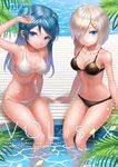  bikini black_bikini blue_eyes blue_hair breasts cleavage cover cover_page double_bun doujin_cover hair_ornament hair_over_one_eye hairclip hamakaze_(kantai_collection) kantai_collection looking_at_viewer medium_breasts multiple_girls short_hair silver_hair sitting soaking_feet swimsuit to_nasu urakaze_(kantai_collection) water white_bikini 