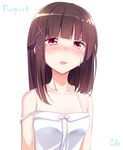  bangs blunt_bangs blush brown_hair camisole collarbone commentary dated eyebrows_visible_through_hair hair_ornament half_updo haruka_natsuki long_hair looking_at_viewer nose_blush original parted_lips purple_eyes simple_background solo strap_slip tearing_up tears upper_body white_background x_hair_ornament 