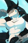  abs anthro biceps black_scales blue_eyes claws dragon flexing furrypuddingthegreat grey_scales half_portrait holding_penis horn invalid_tag male muscular pecs penis scales sitting solo spines tral_drachell white_scales wings 